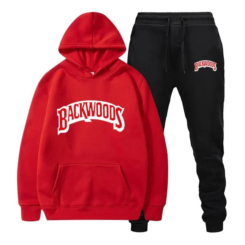 Joggers Pants - 2026年冬のメンズ・ウィンドブレーカー・セット。ファッション性の高いフリース素材の赤いパーカーと黒のブランドパンツ、カジュアルなジョガーパンツ、スウェットシャツ、レディースのプルオーバー。