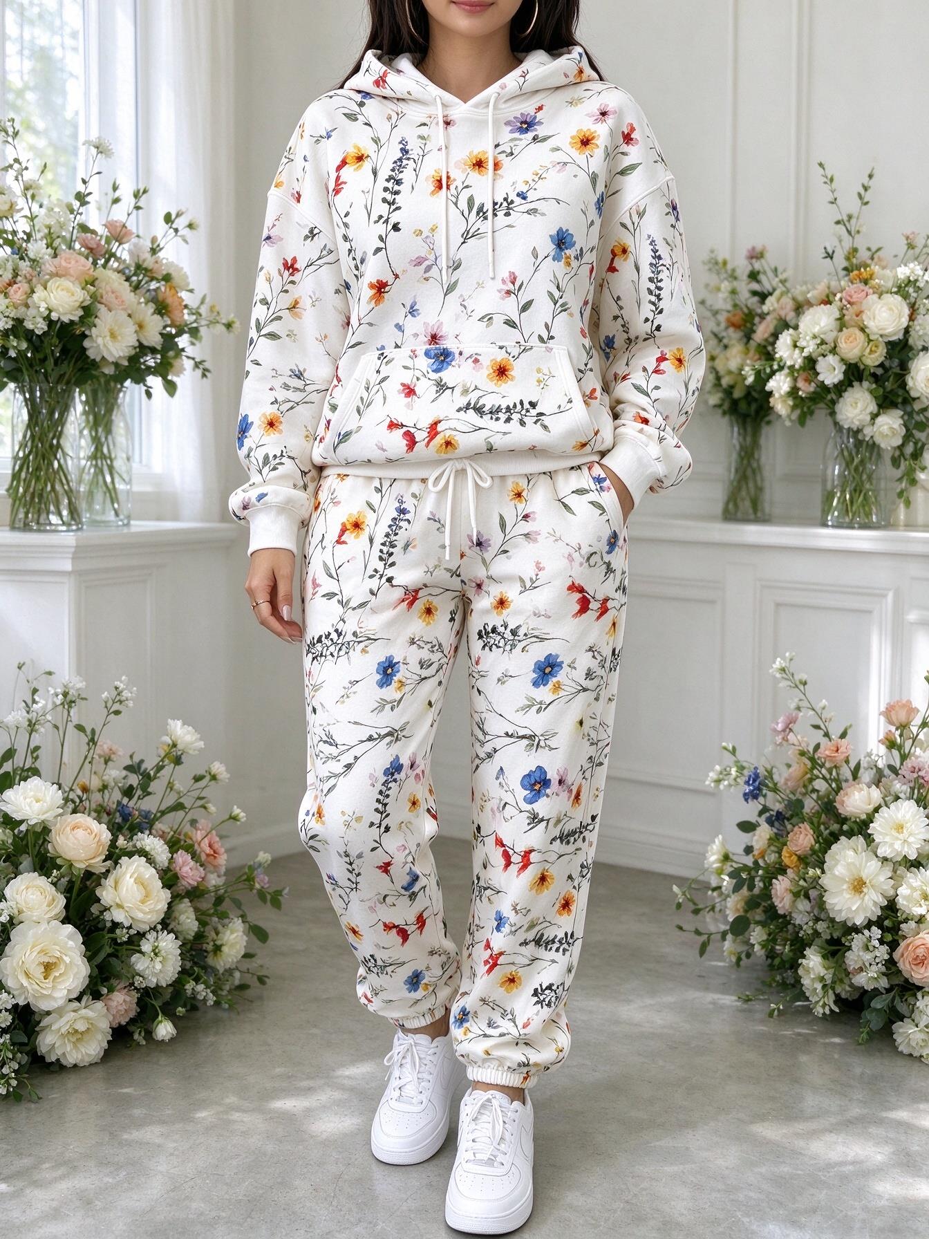 Joggers Pants - 女性用、ワイルドフラワー柄のフード付きトラックスーツ。プリント柄のパーカーと裾が絞られたジョガーパンツの2点セット。