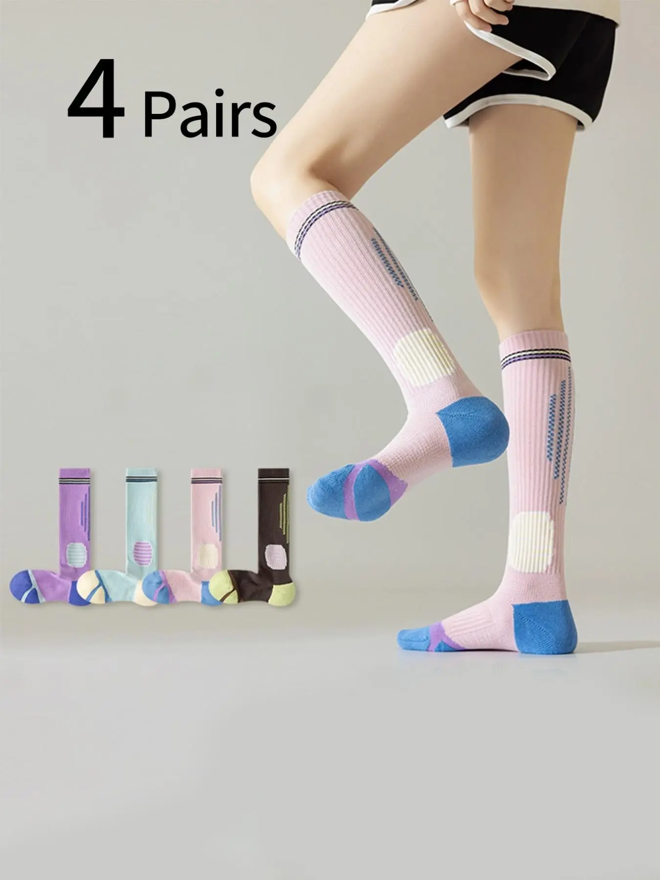 Sports Socks - 4足組 レディース スポーティー コンプレッションソックス、スポーツ ランニングソックス、アスレチックソックス、滑り止め・衝撃吸収、スリムフィット ヨガストッキング、ソフトで快適、オールシーズン、ノンスリップソックス