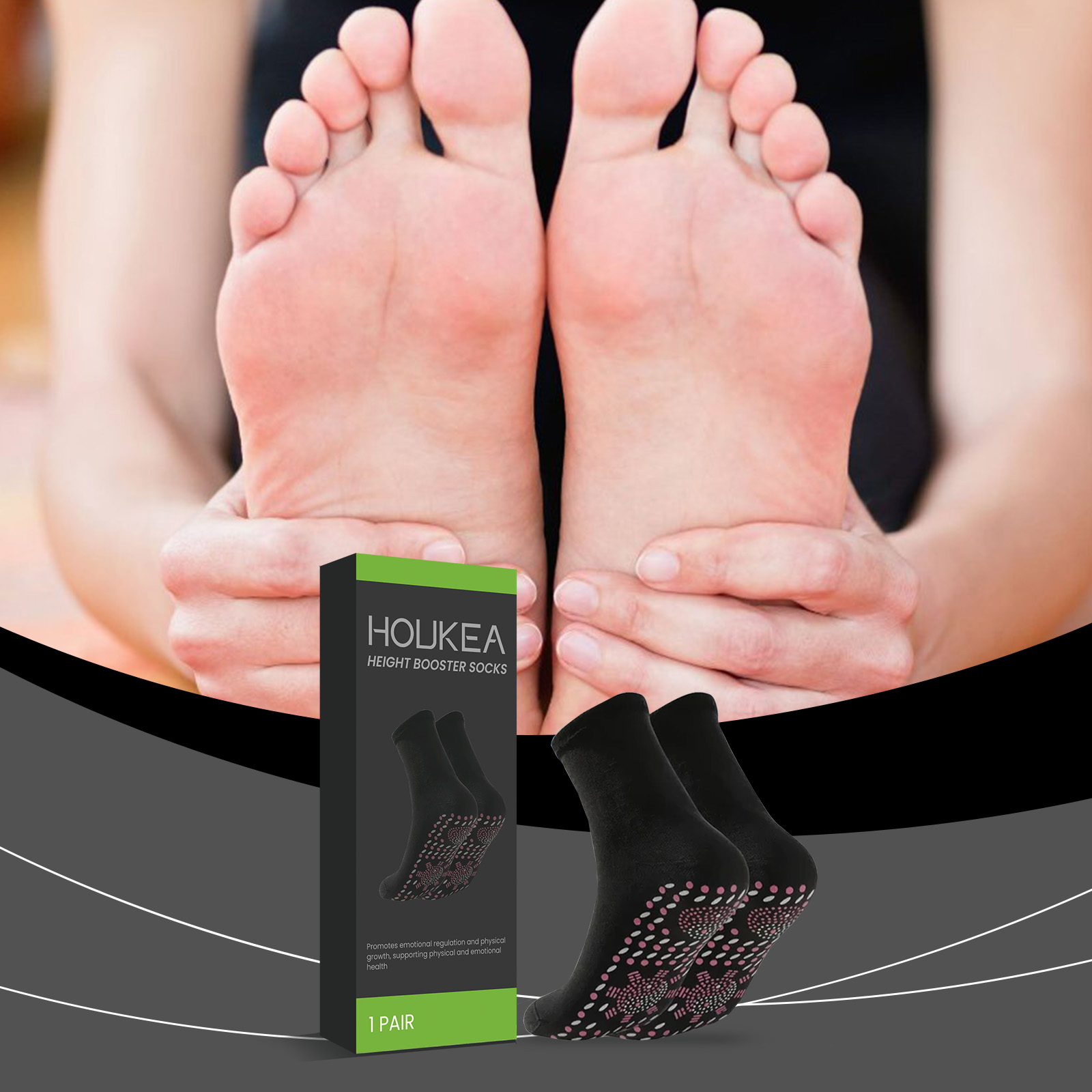Sports Socks - 自己発熱機能付きフットソックス。肌触りの良い伸縮性素材で、通気性も良く、マッサージ効果のあるテクスチャが施されています。快適な履き心地。