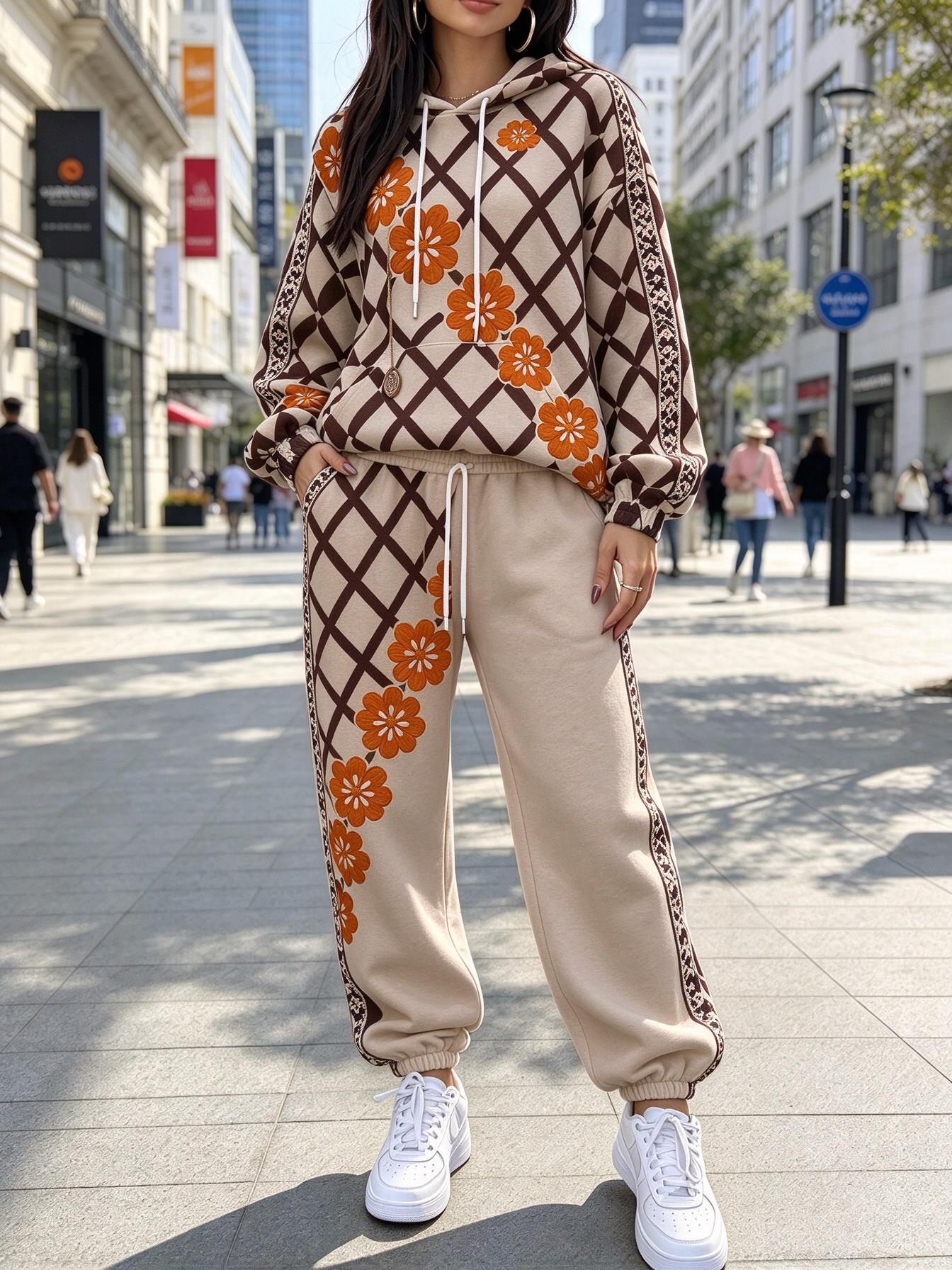 女性用、格子柄のフローラルプリントが施されたフード付きトラッ - Joggers Pants のレビューと価格